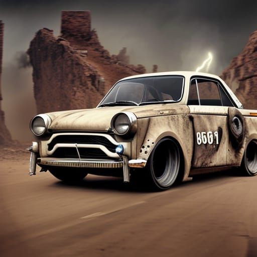 trabant 601 as a madmaxcar. hyperdetailed and hyperrealism