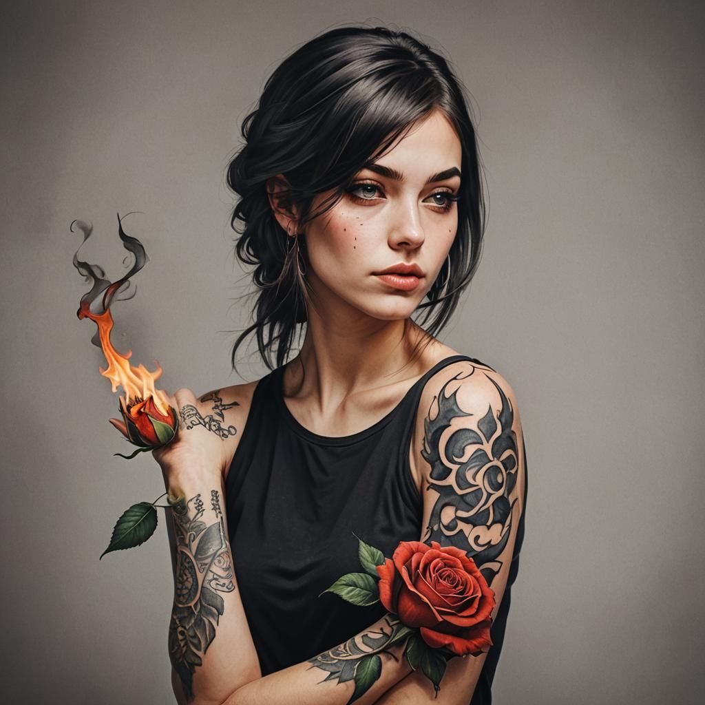 A girl with a tattoo on the shoulder holding a burning rose
