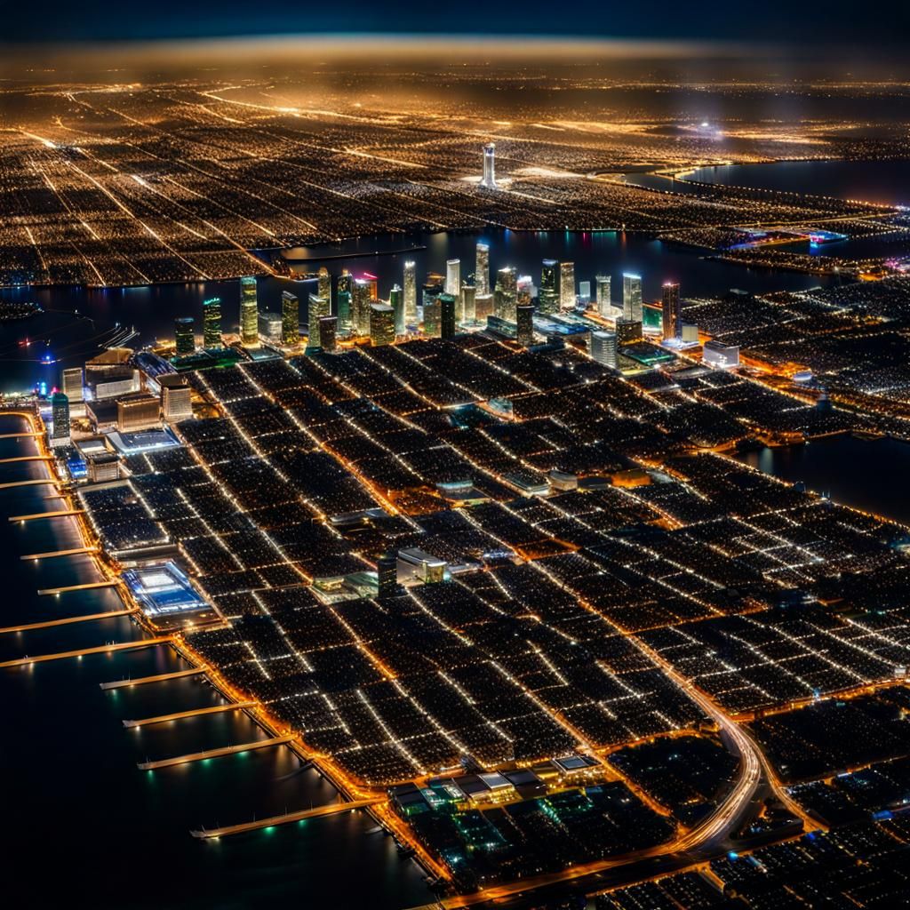 Los Angeles Night View from Plane Landing, Hyperrealistic Ph...