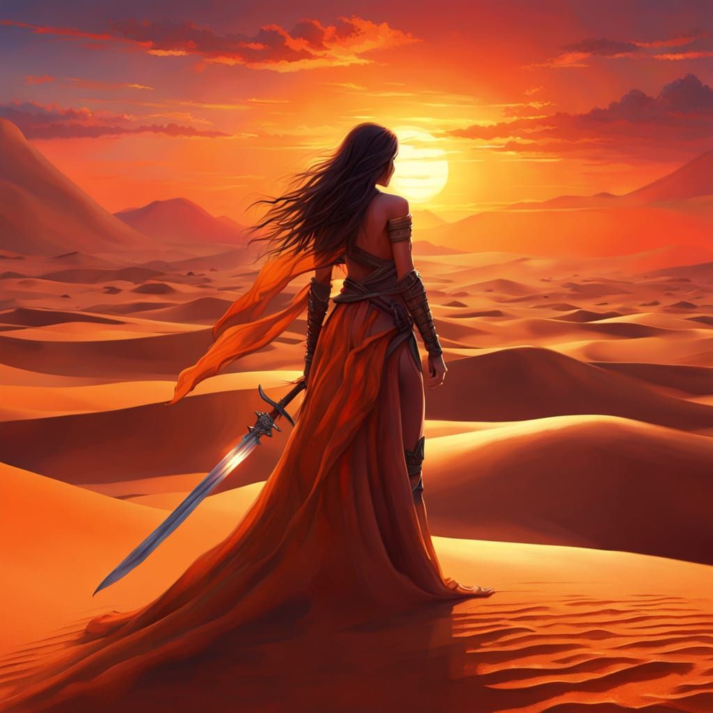 Warrior Woman in Desert Sunset: Digital Art