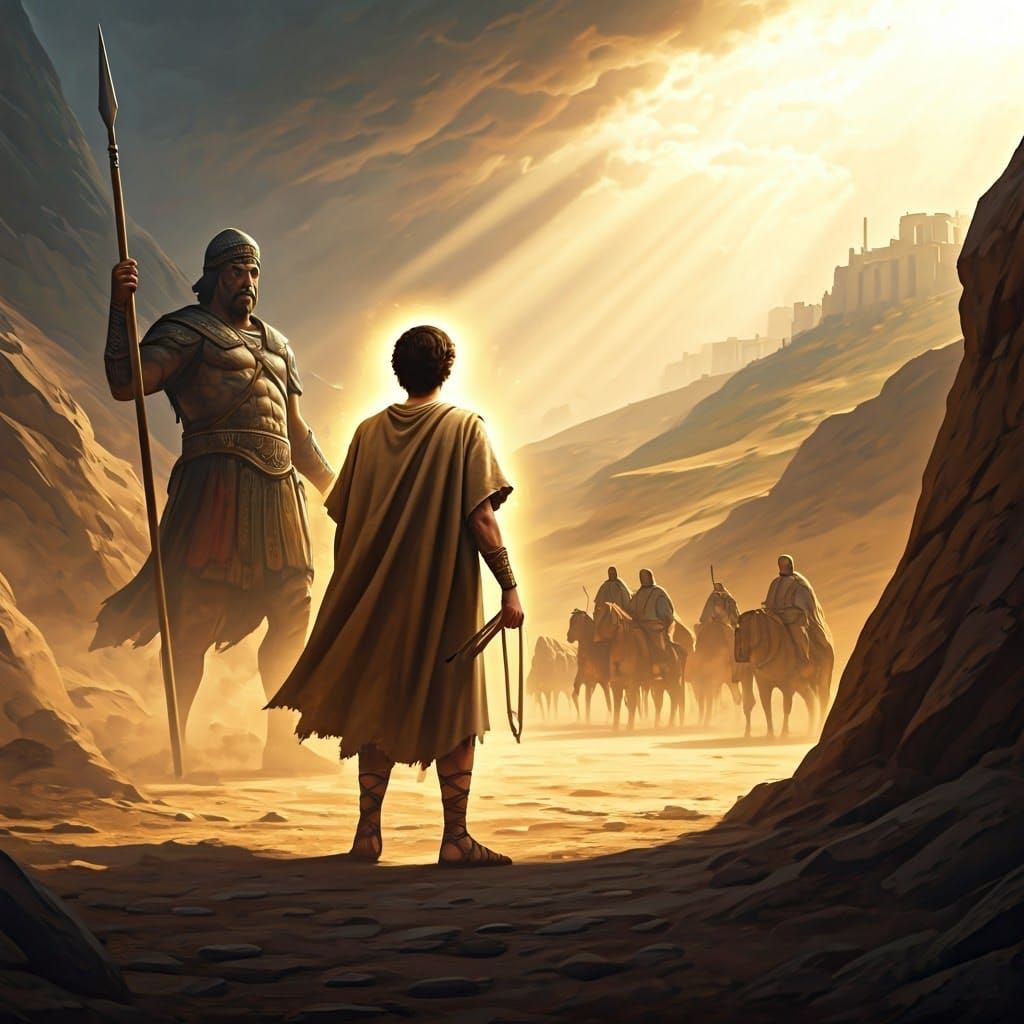 David Confronts Goliath in a Desert Battlefield Scene