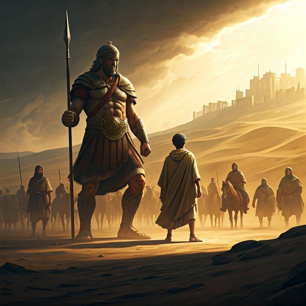 David Defies Goliath in Ancient Battle