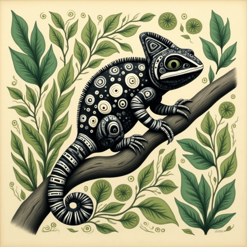 <lora:DUBUFFET DOLLZ:1.0> Black and white chameleon surrounded by green leaves"