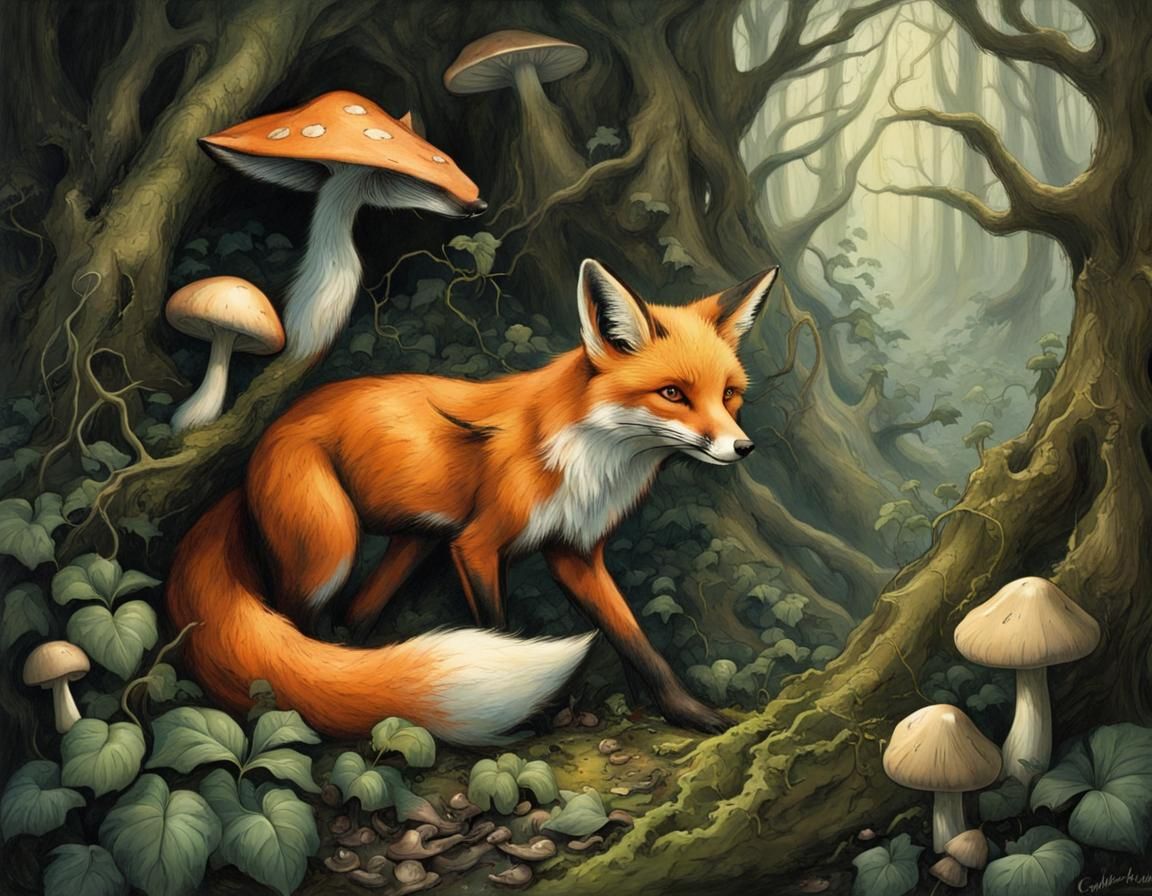 A fox plays with fairies in deep underbrush.  Ivy vines and ...