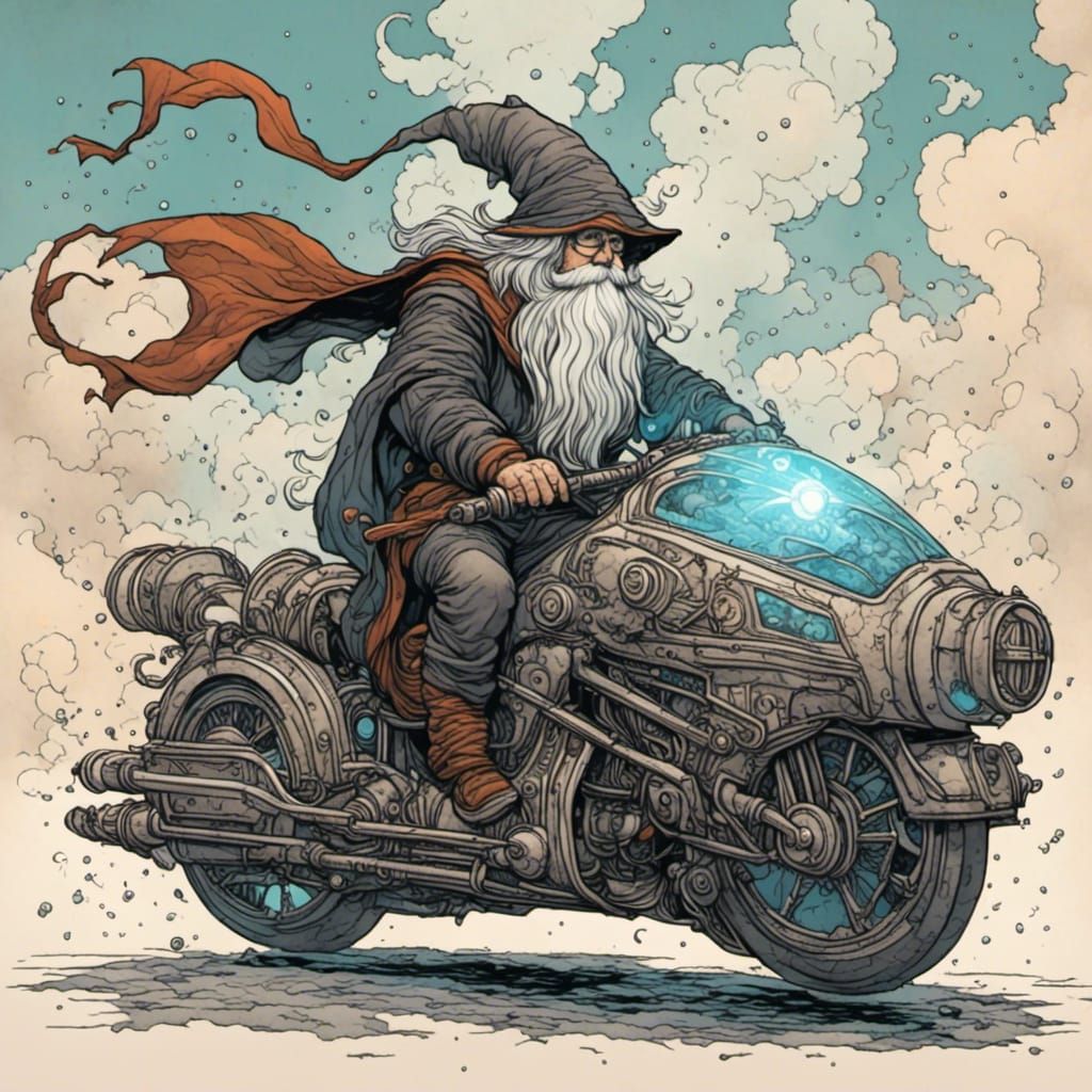 A wizard riding a futuristic motorcycle. <lora:Brewed from Mistakes:1.0> 
