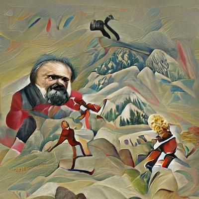 Karl Marx fighting Hitler on a mountain