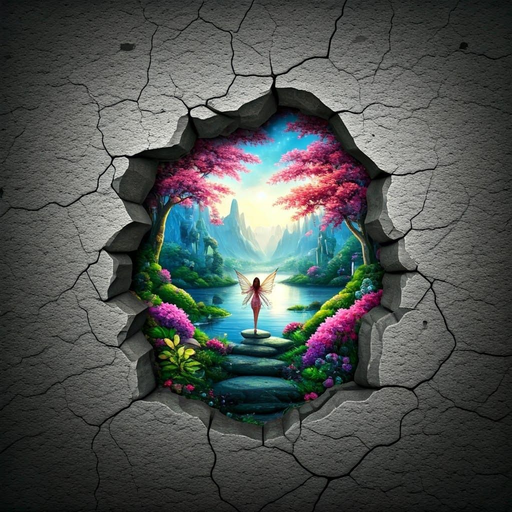 3d crooked hole in a grey stone wall. inside is a scenery of a colorful fantasy landscape with a lake and a fairy. highly detailed.