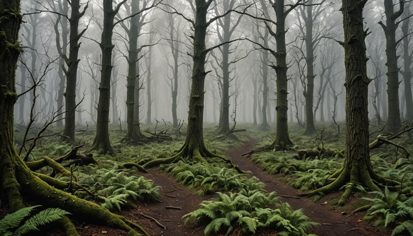 Whispering Woods, hyper-detailed, magical forest, creepy woo...