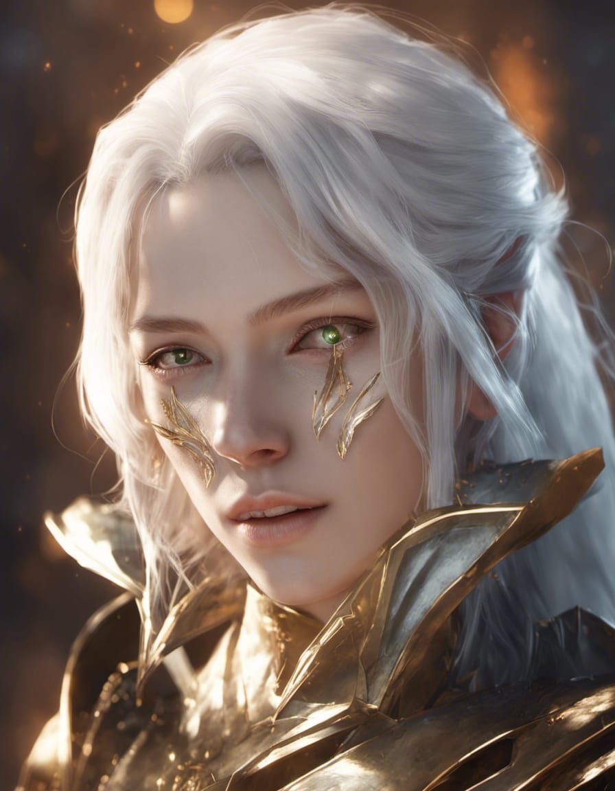 athletic cleric metal armor Pallid Elf female youthful beautiful, ashen white hair, albino white skin, golden glowing aura, Golden eyes, Eld...