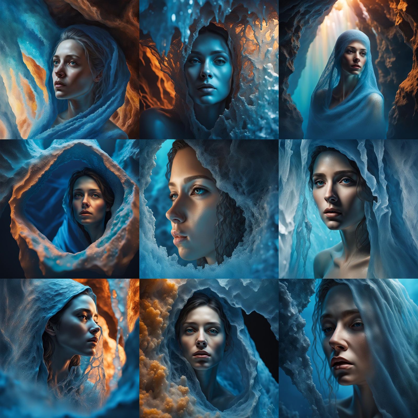 Crystallised veiled woman in blue water cave staring