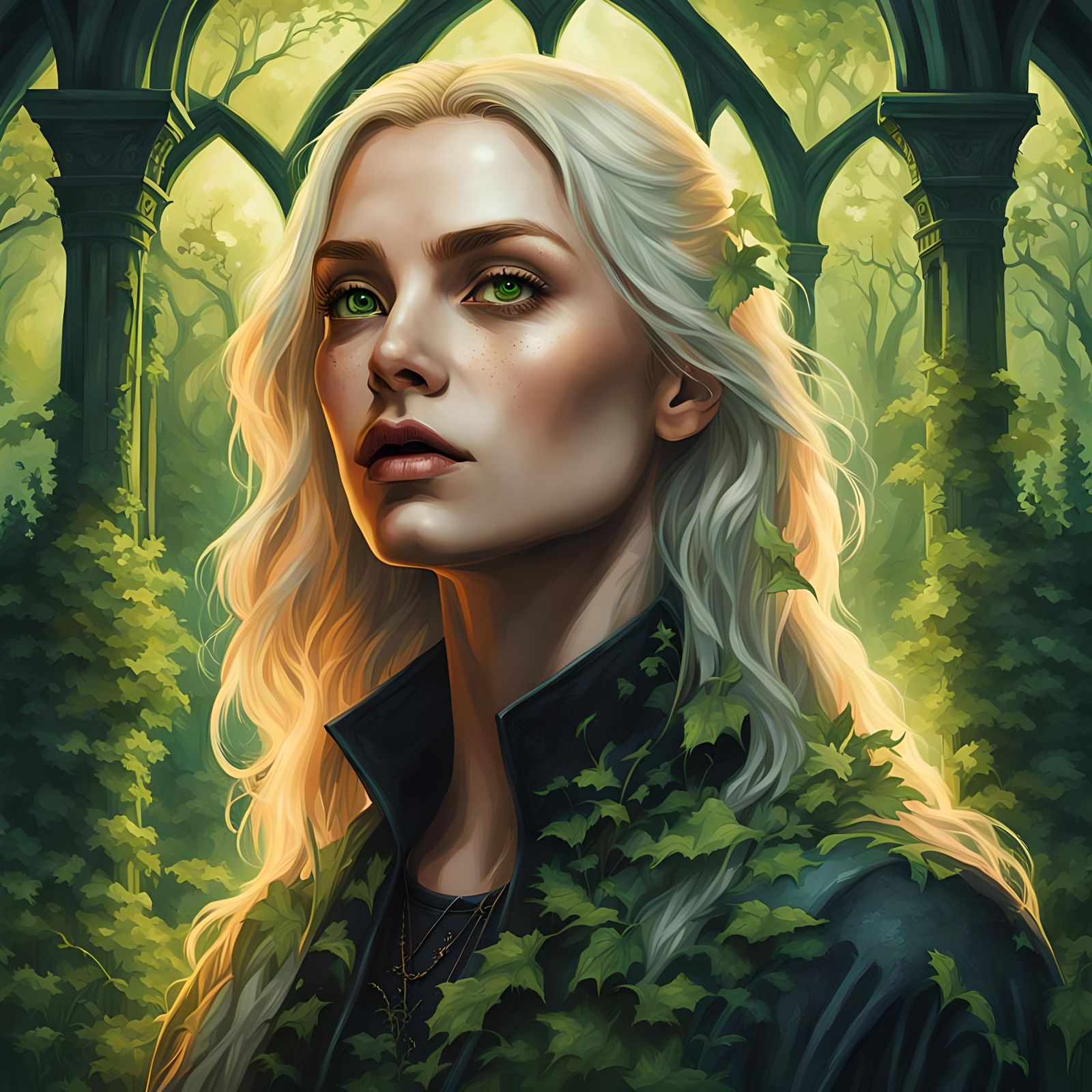 Portrait of stunning blonde witch in a verdant overgrown got...