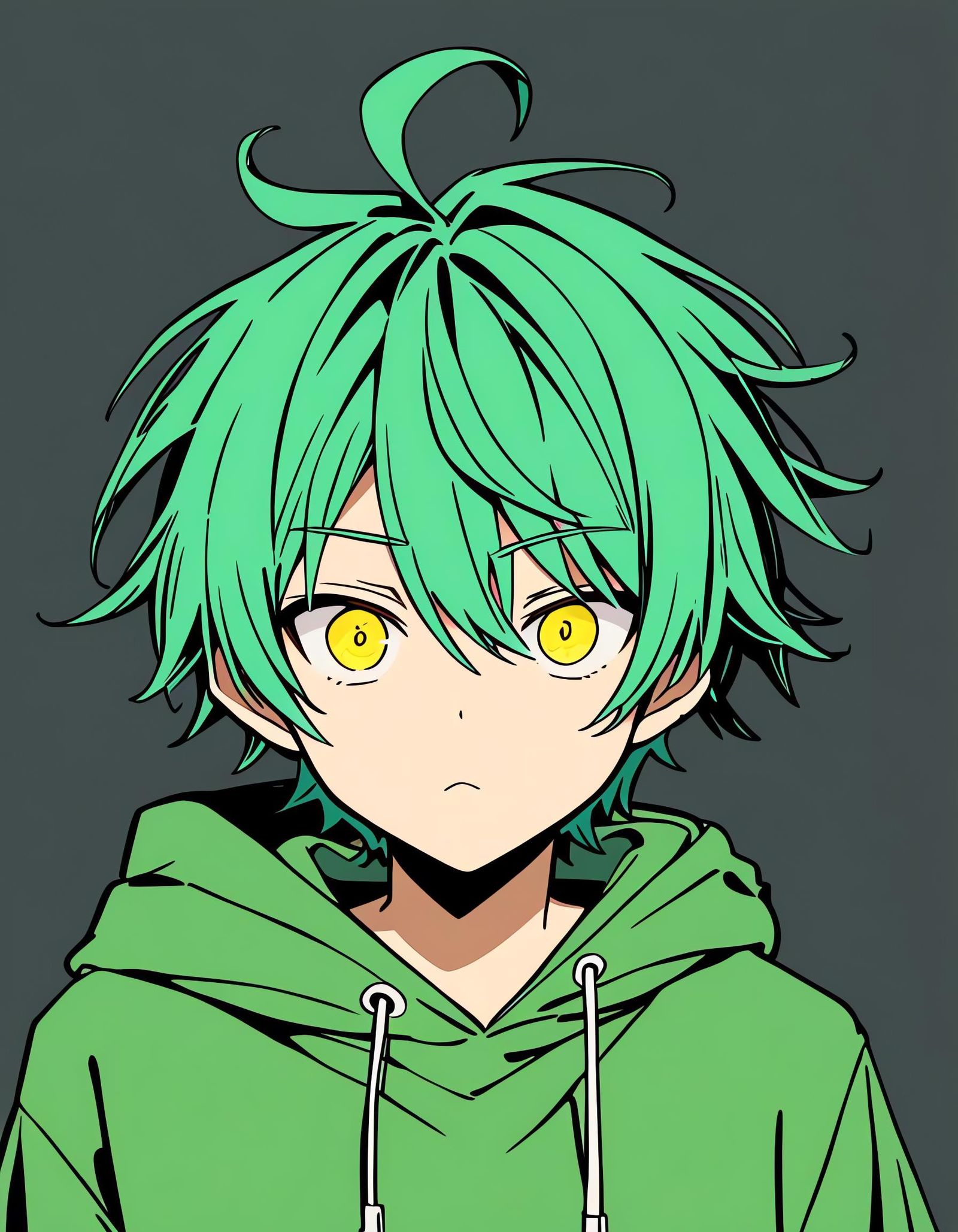 Dizzy Anime Boy with Green Hair and Hoodie