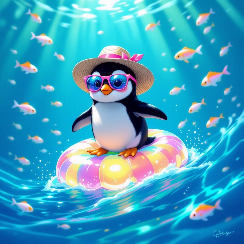 Penguin Surfing Bioluminescent Jellyfish in Whimsical Style