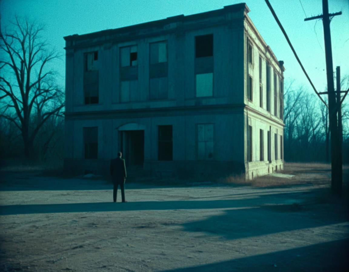 Eerie Abandoned Building Photo in 1970s Style