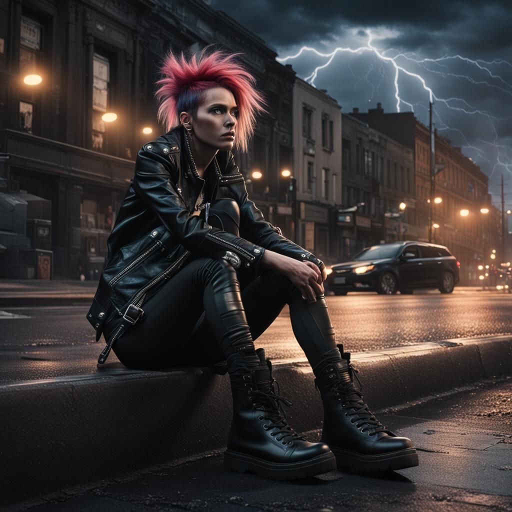 A female punker in black leather sitting on a curb in the tr...