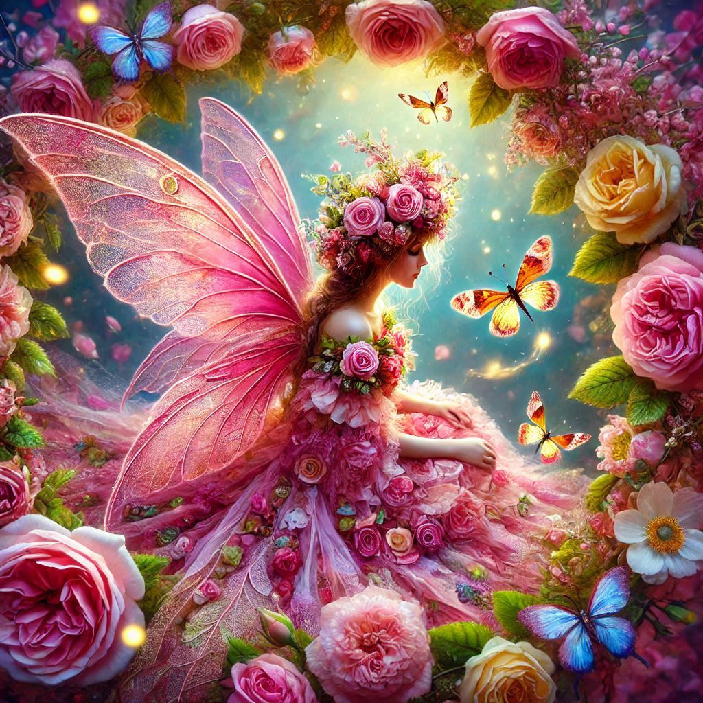 A Fairy sitting in the middle of a Wreath of Flowers