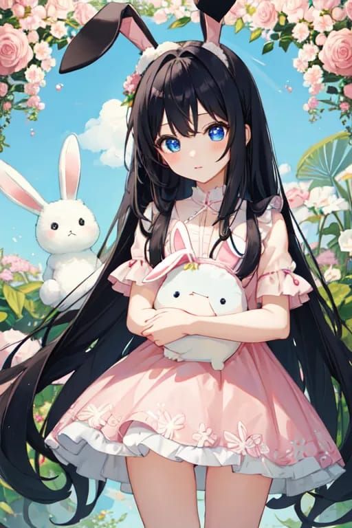 Cute Moon and her rabbits in the garden