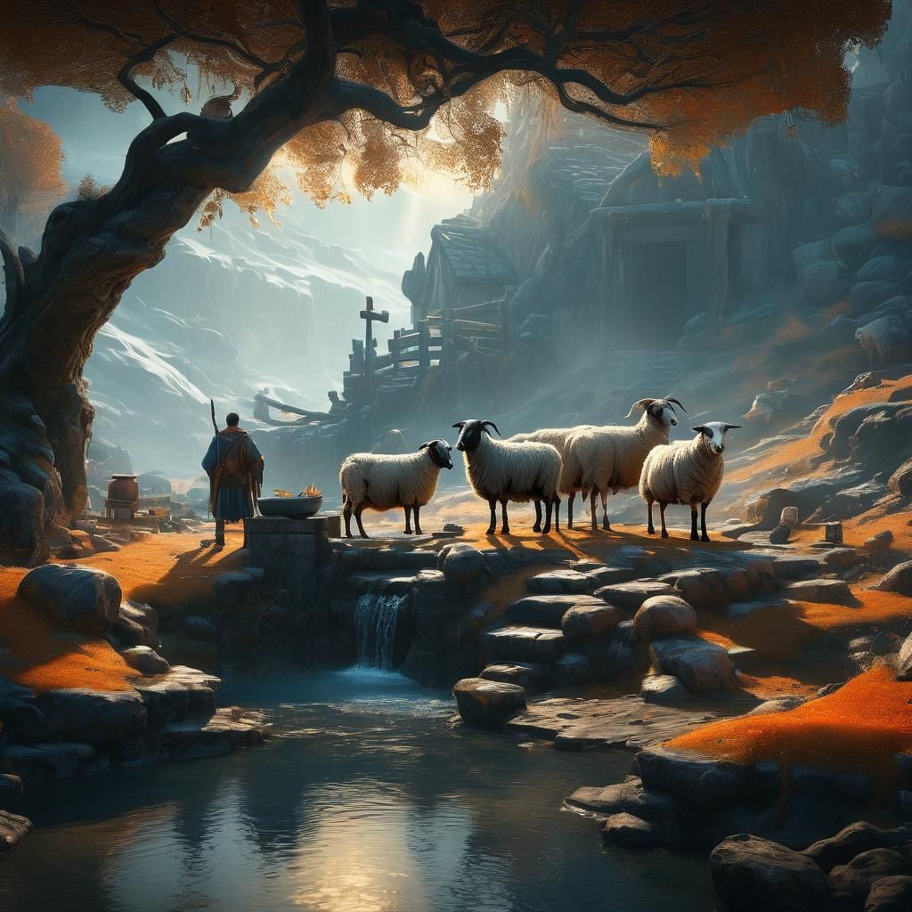 Shepherds Wait Beside a Well in a Fantastical Landscape