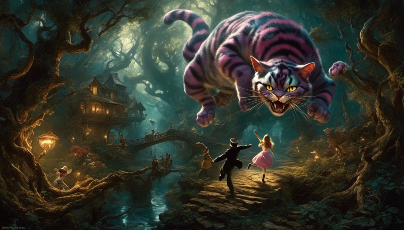 Alice encountering the cheshire cat in wonderland in the style of - AI ...