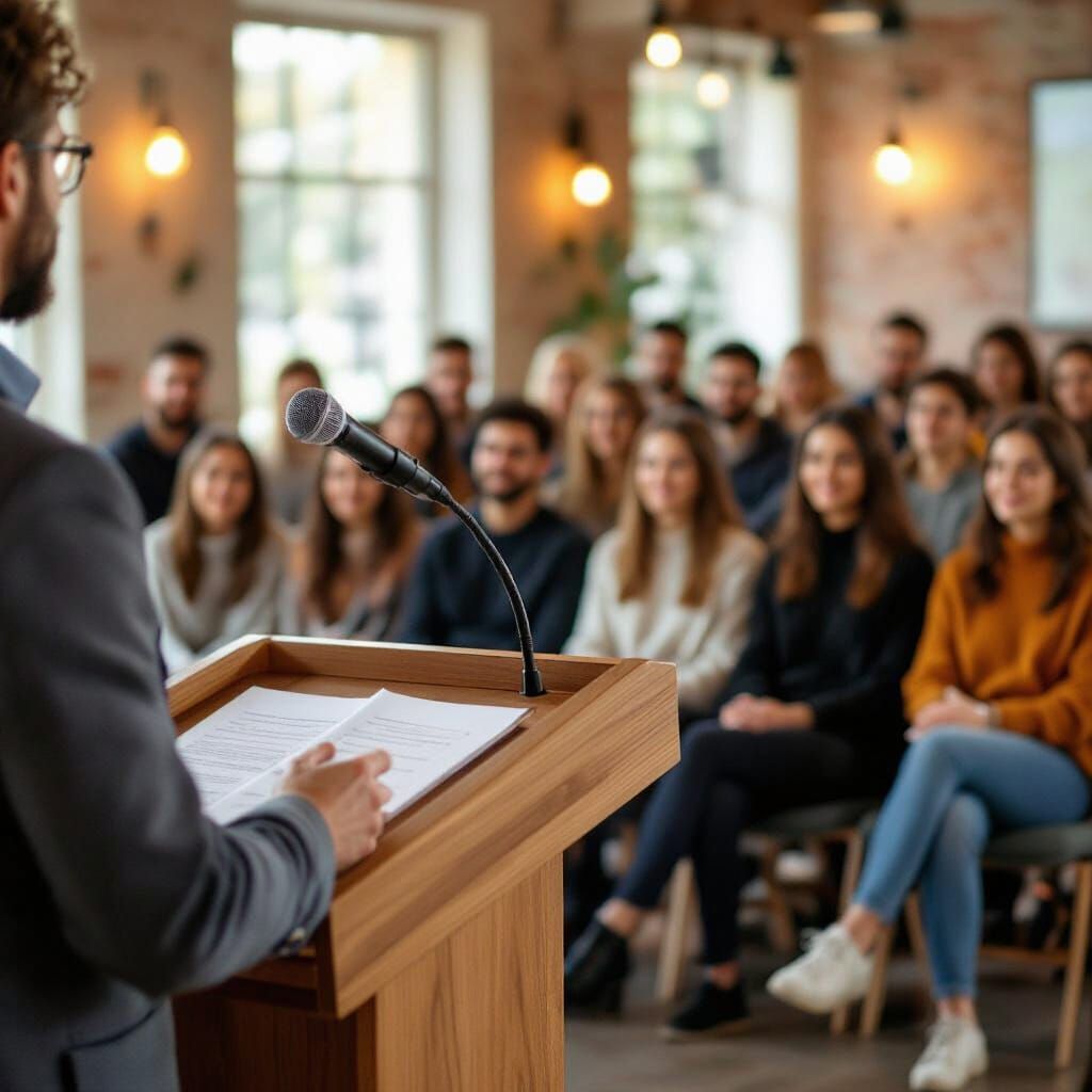 create a scene that would be seen from the perspective of a public speaker, with a lectern and a mic in front, in focus, and the audience sh...