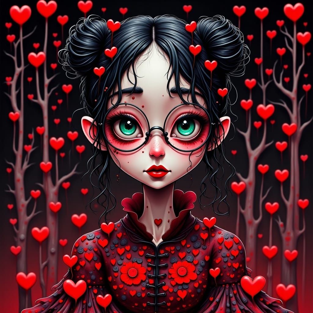 <lora:MrsH Darkling:1.0> Victorian girl with vibrant black hair styled in space buns, loose tendrils framing her face, large expressive big...