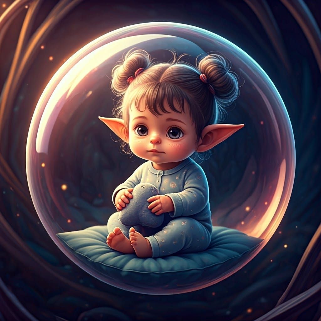 Cinematic Scene of Adorable Baby Elf in Iridescent Bubble