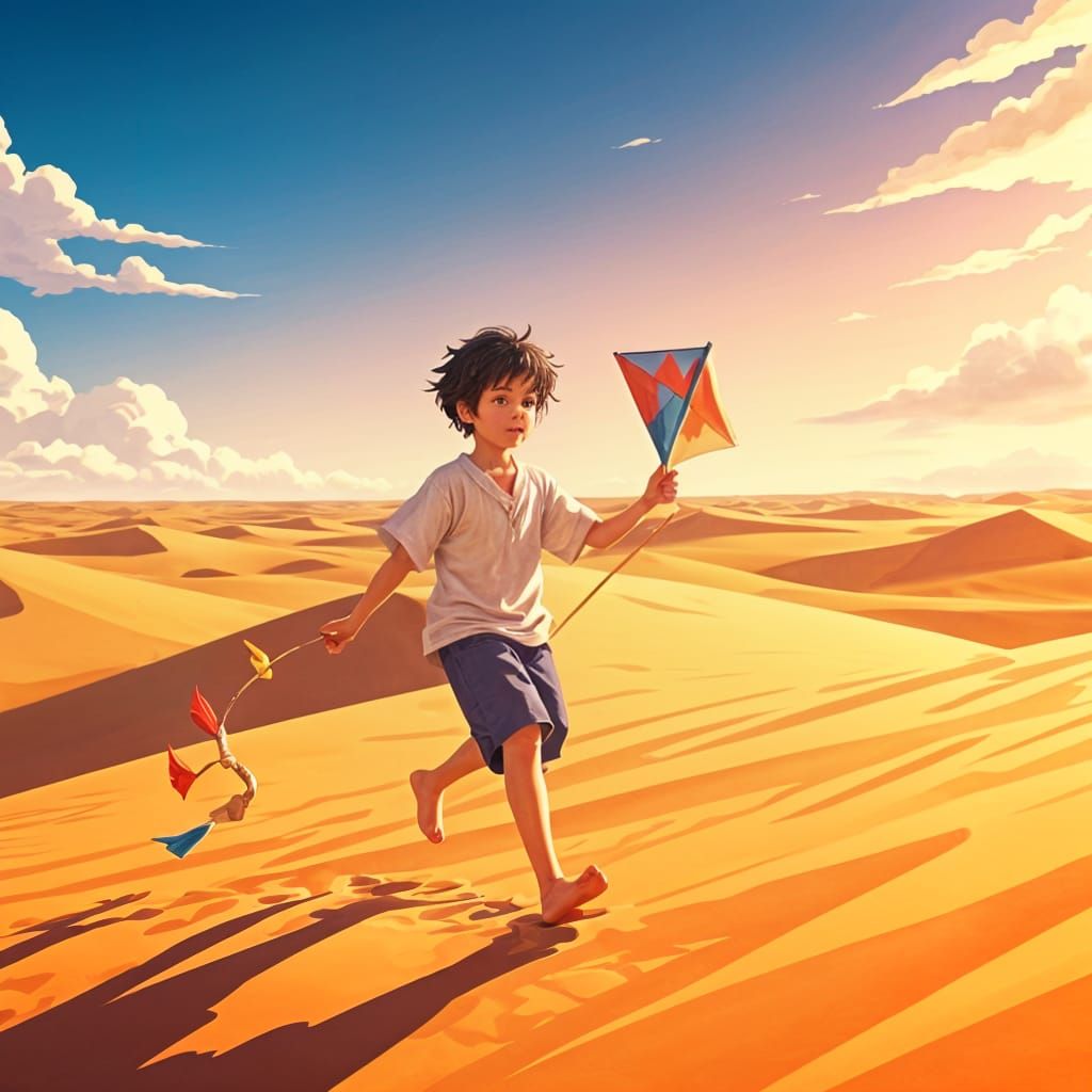 Serenely Smiling Boy Flies Kite in Endless Sahara Desert Lan...