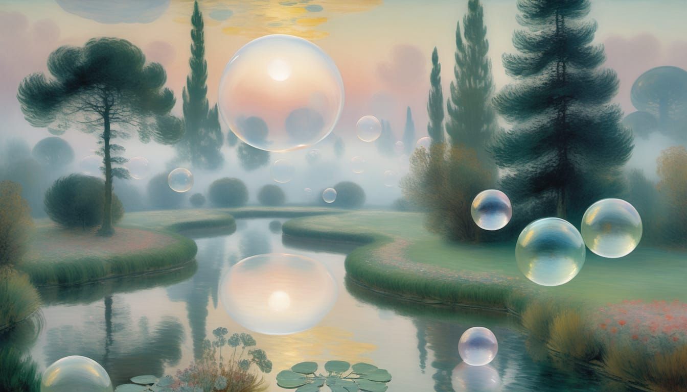 Surreal floating landscape with delicate, crystal-clear bubbles drifting through an endless sky of soft clouds and deep azure hues. Inside e...