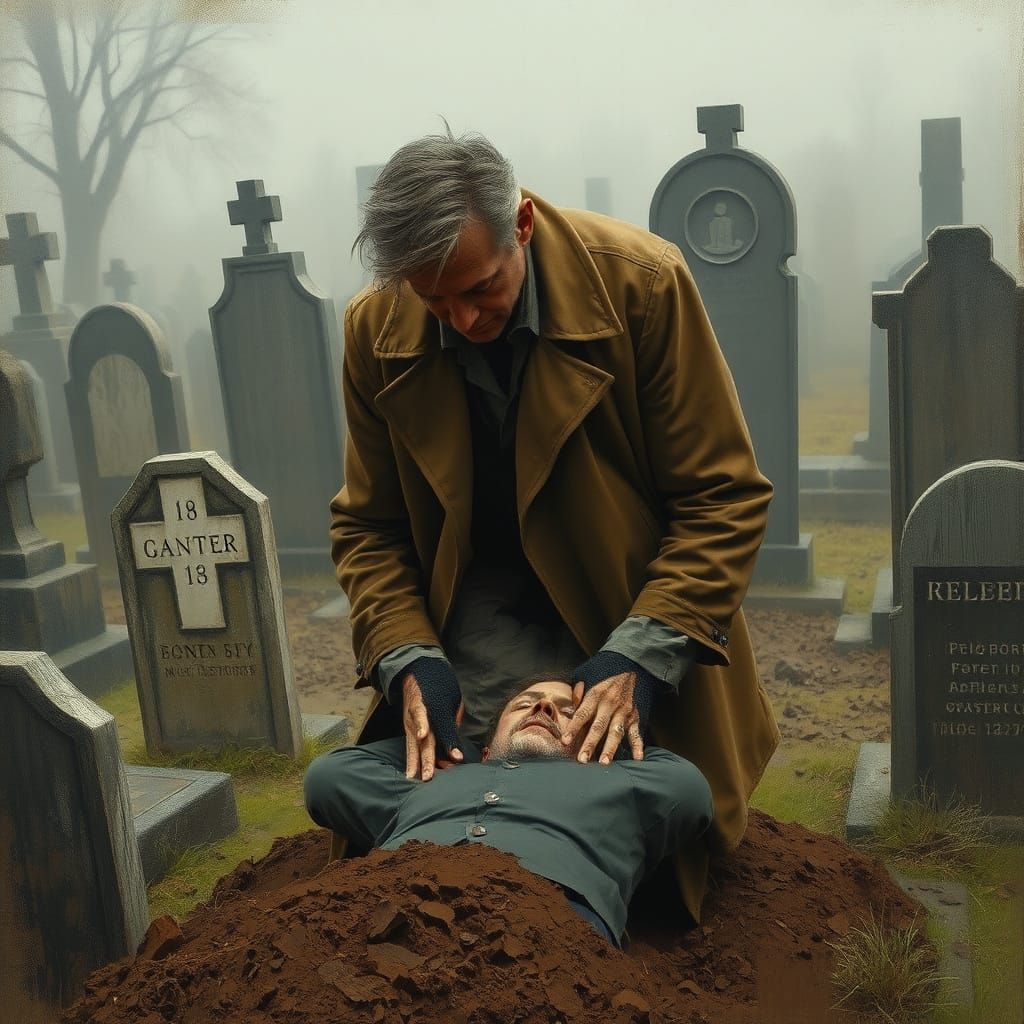  A grieving fifty-year-old father in a worn, earth-toned coat, burying his 18-year-old son, a fallen soldier, in a solemn, misty graveyard, ...