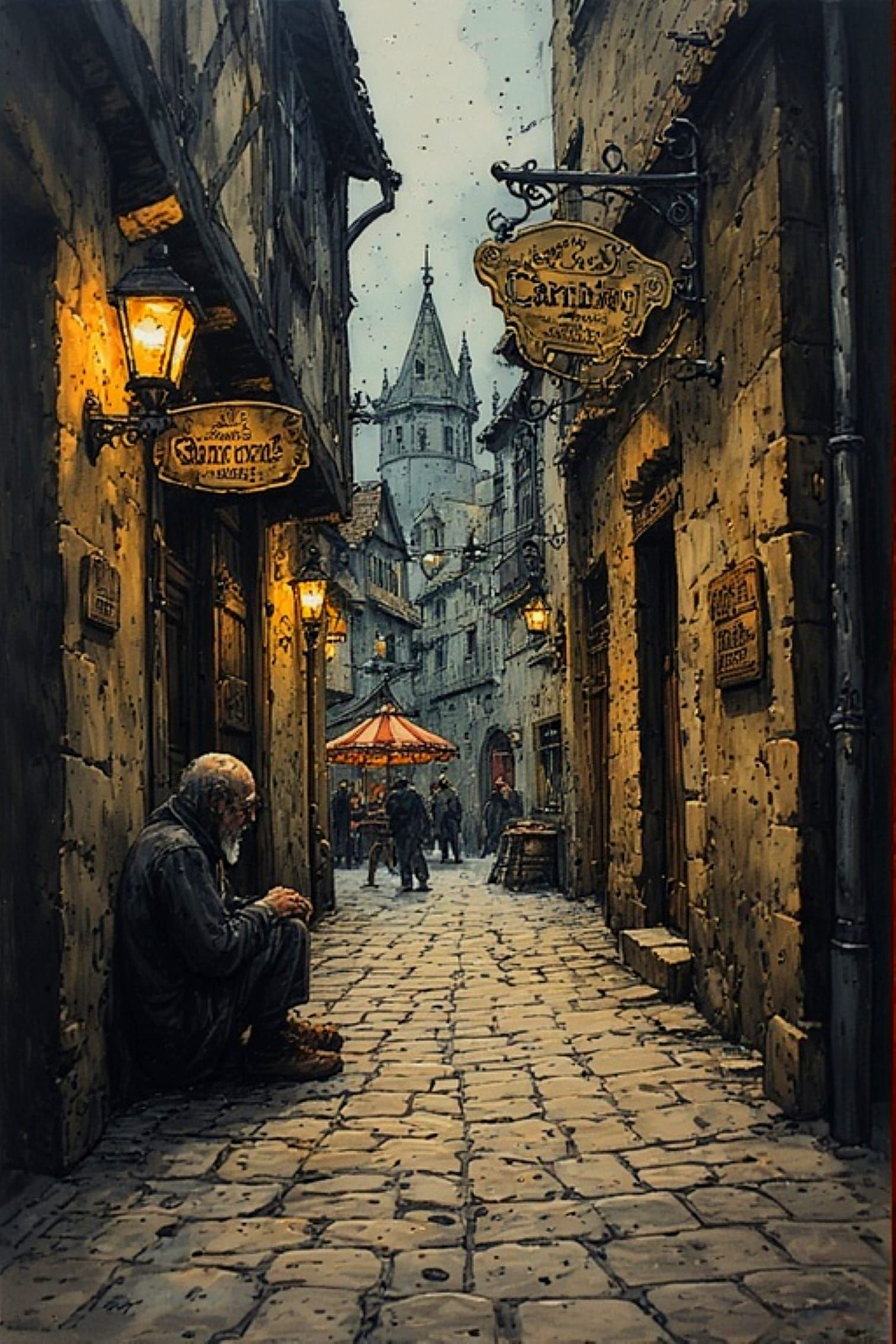 A lone beggar huddled in a dark