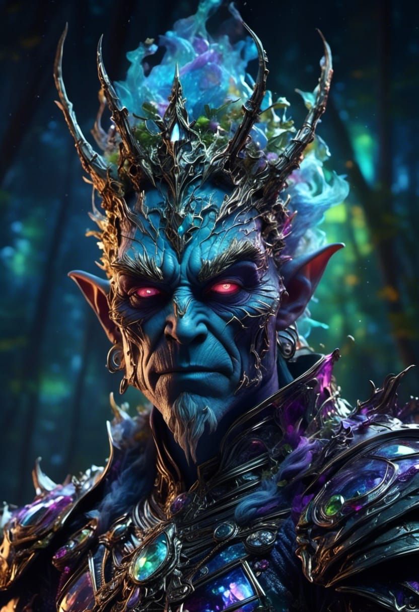 <lora:Spectral:1.0> <lora:ShatteredGlass:1.0> beautiful sinister goblin king, iridescence shattered glass outfit, visually rich portrait art...