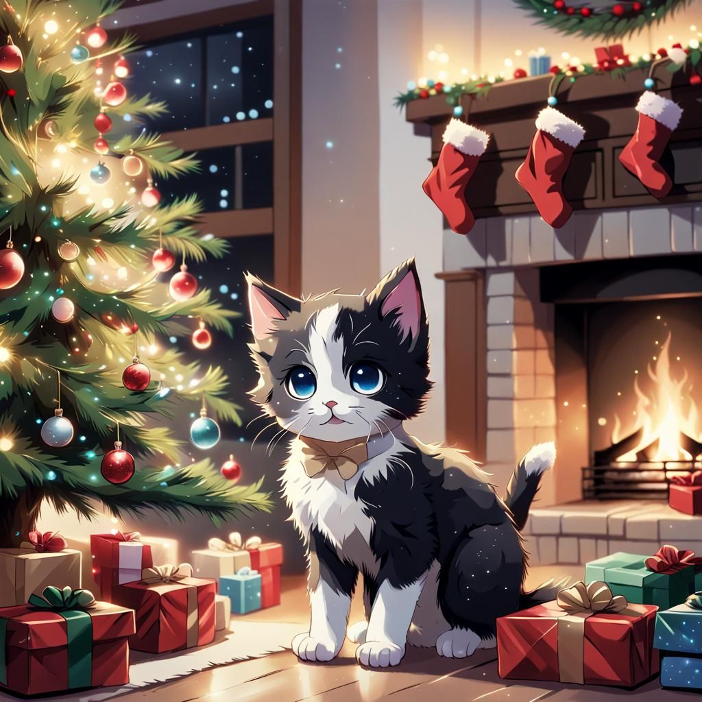 Black-white Kitten under the Christmas tree  by @Stefan Junghanns