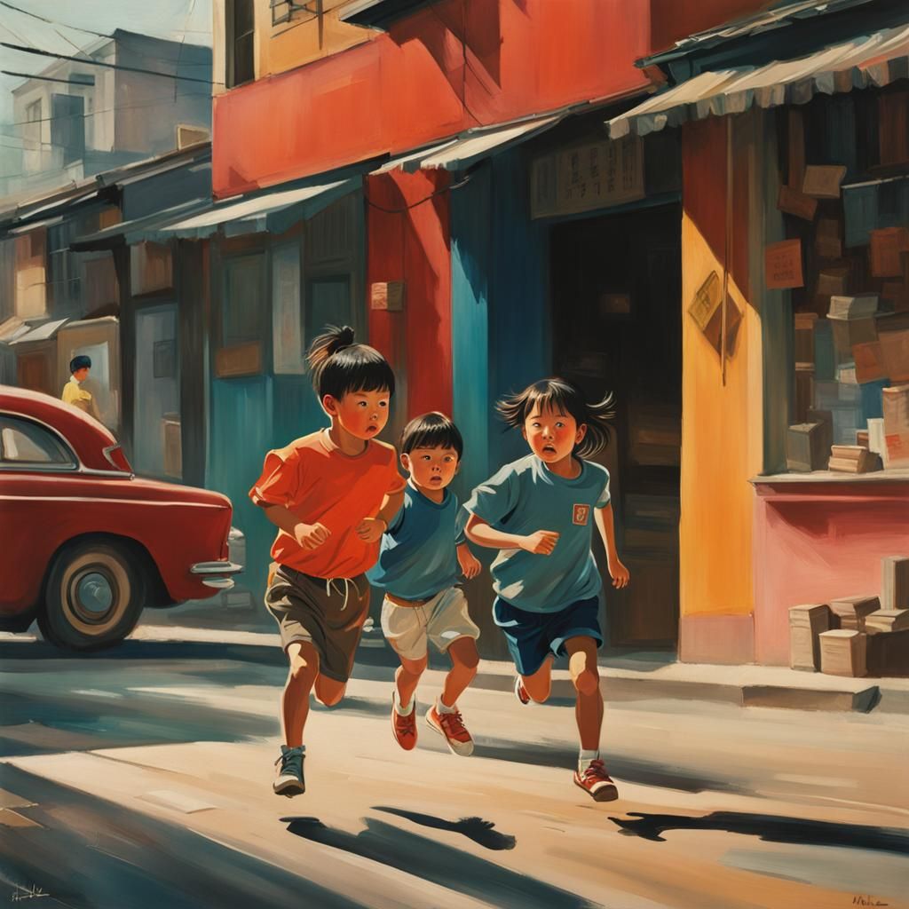 photo of two Korean children, a boy and a girl, running with...