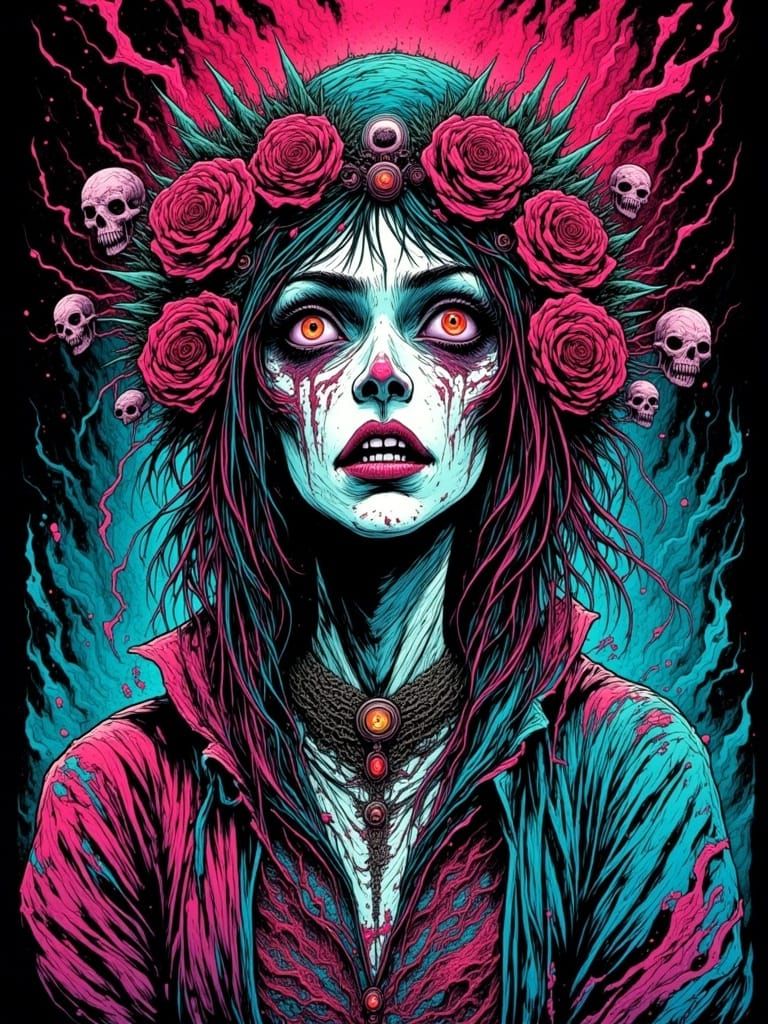 <lora:Creepy-Flux:1.0> Creepy portrait of a scary woman wearing intricately detailed colorful clothing and futuristic jewellery. Creepy Grap...