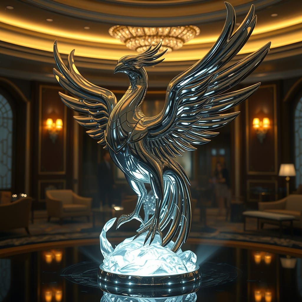 Create an ultra-high-resolution (8K) photorealistic render of a breathtaking chrome phoenix sculpture. The sculpture should have a futuristi...