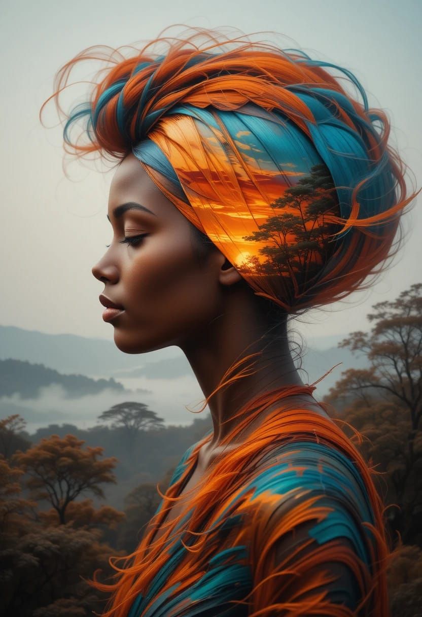 A woman wearing a vibrant headwrap mimicking the sunset
