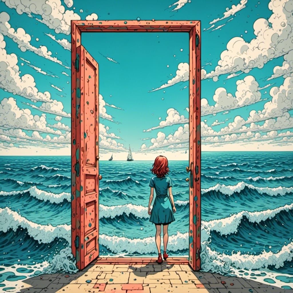  <lora:Vivid Femme Faces:1.0> A door standing alone in the middle of an endless ocean
