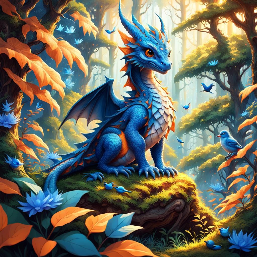 a cute baby dragon sitting with some small blue birds