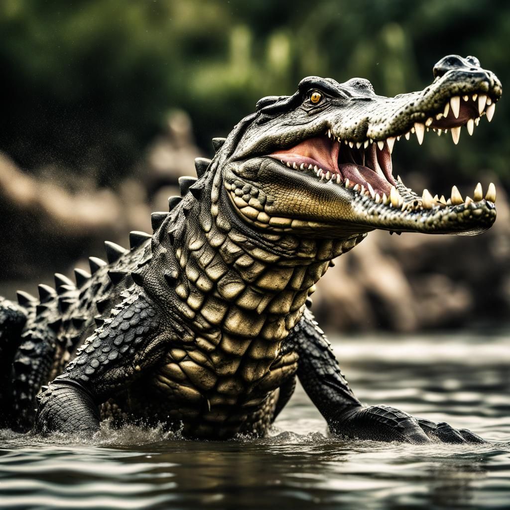 an army of crocodiles emerging from a river on their two hin...
