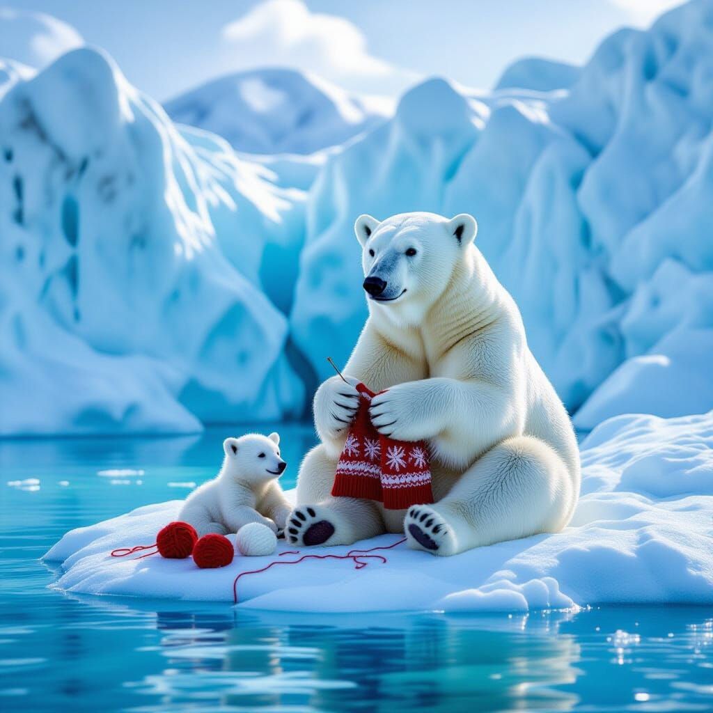 Фантазийная гиперреалистичная сцена.
Изобрази большой величественный ледник с множеством фактурных трещин и мягким отражающим светом. Внизу ...