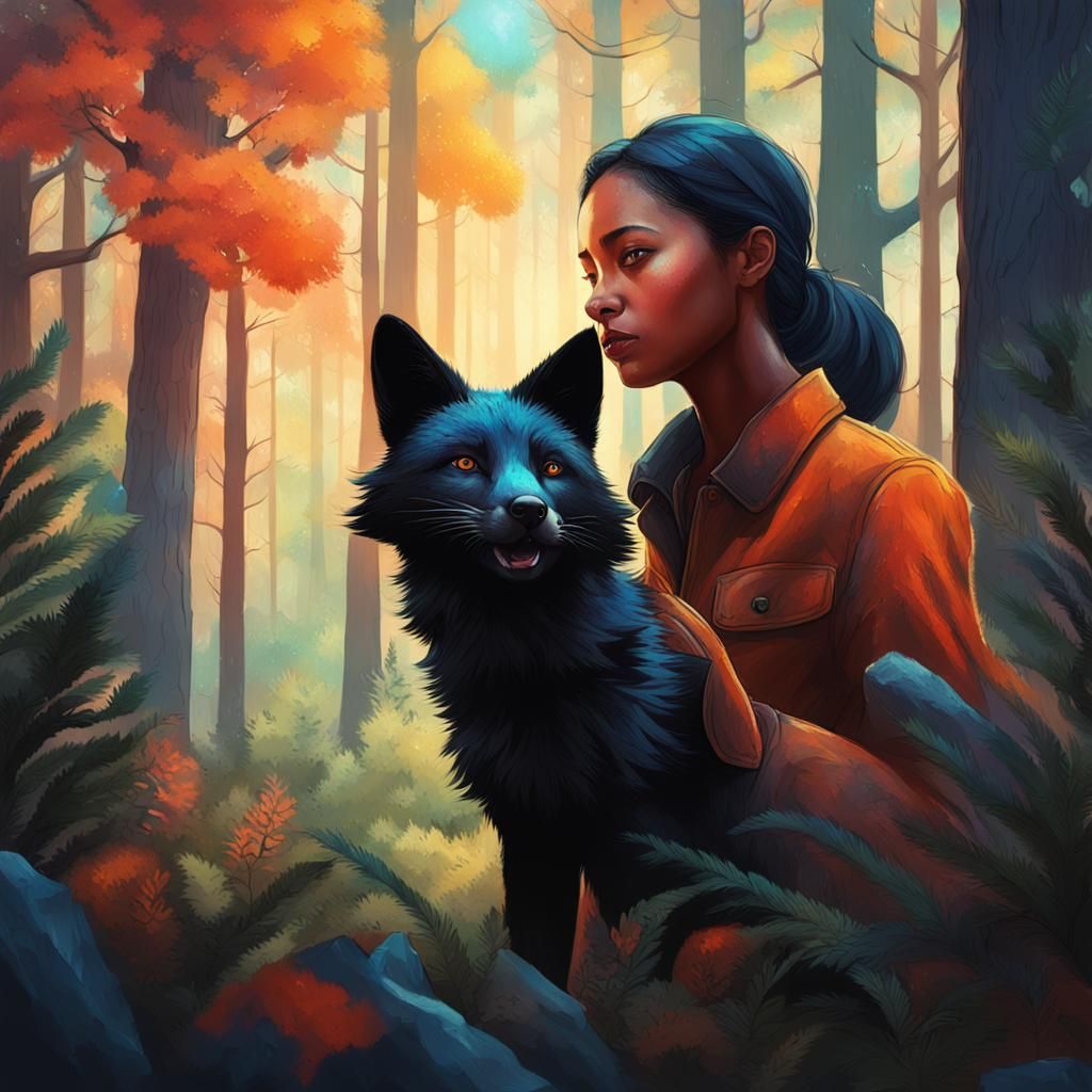 a woman petting a black fox in the forest