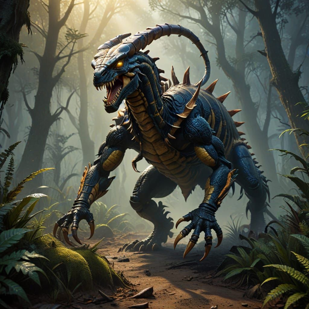 A scorpion-Rex running in a prehistoric forest 