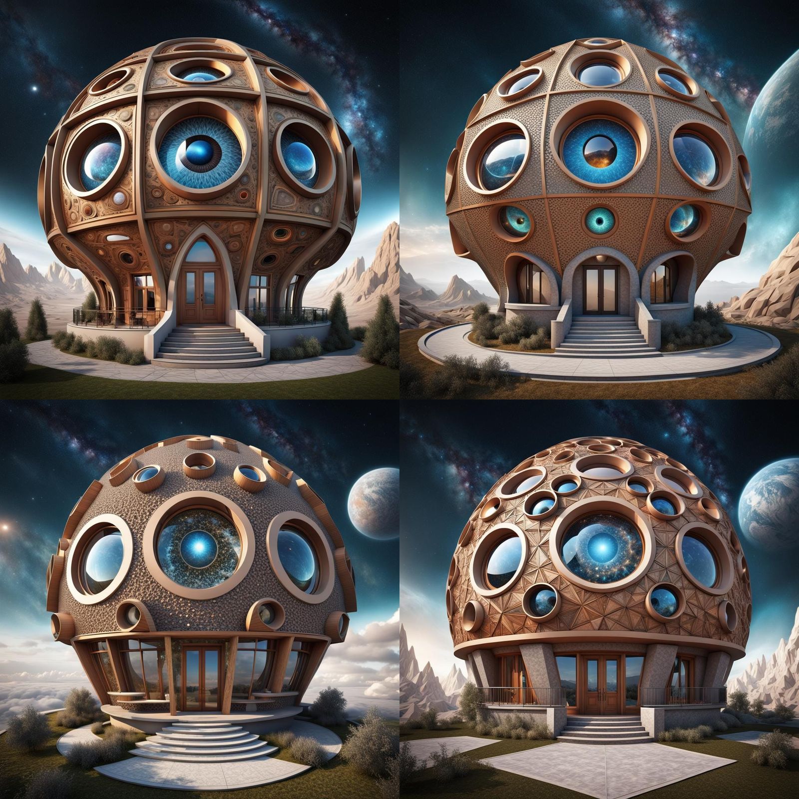 A round and triangle abstract architectural house of the 4th dimension. Cosmic celestial eyes high above. Cosmos Epic hy...