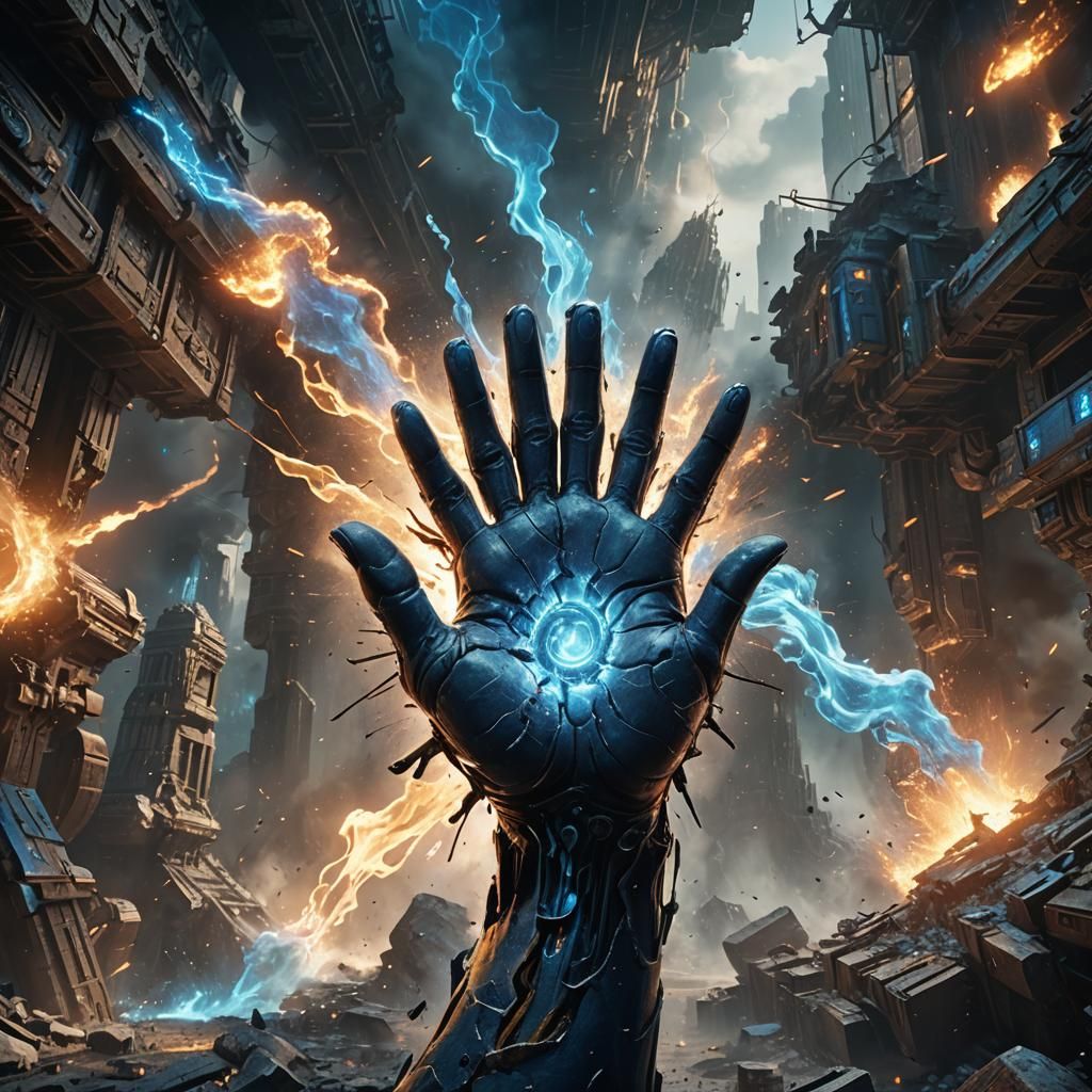 A hand to the right of the frame casting a blast of blue ene...