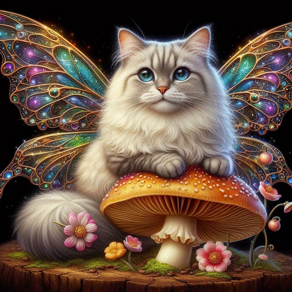 Fairy Cats on top of Mushrooms, a series