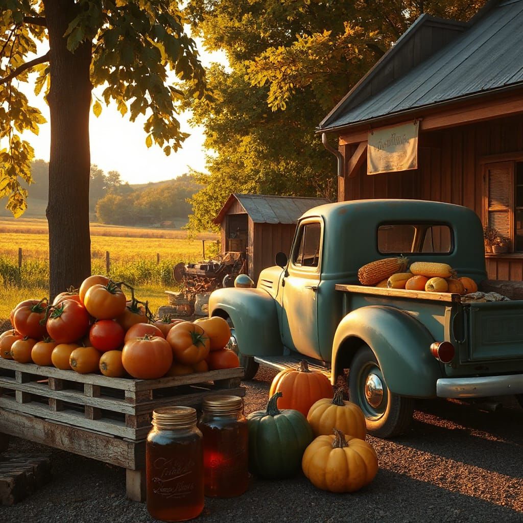 A rustic wooden farmstand overflowing with plump, sun-ripened tomatoes and jars of golden honey. A vintage ...  by @undefined