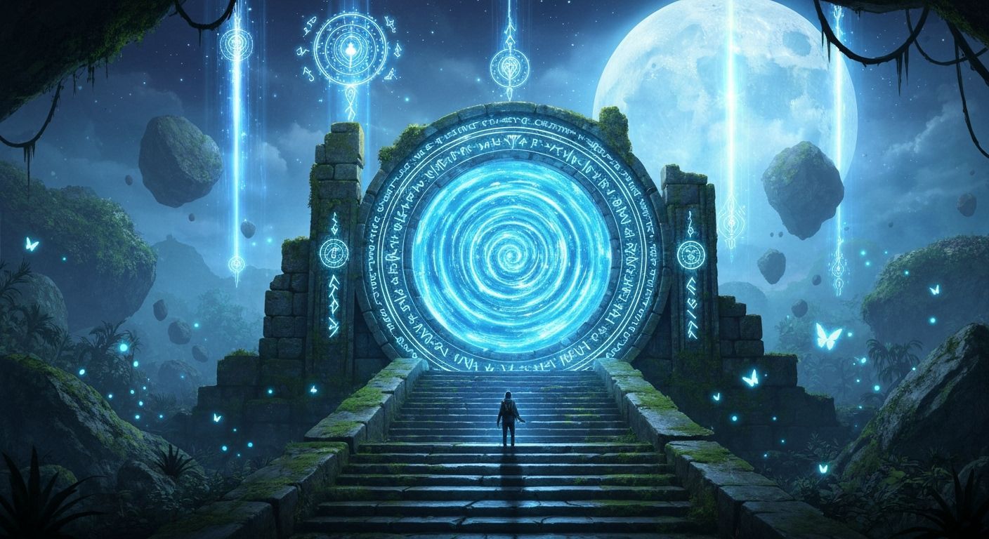 Fantasy portal glowing with swirling blue light, embedded in ancient stone ruins overgrown with moss ...  by @Pjrockey