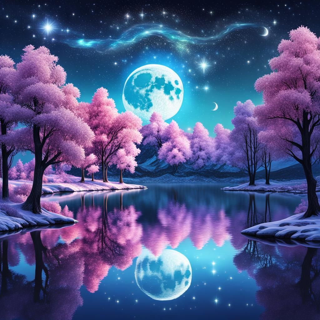 Beautiful lake with majestic moon, sparkling stars   by @Emily