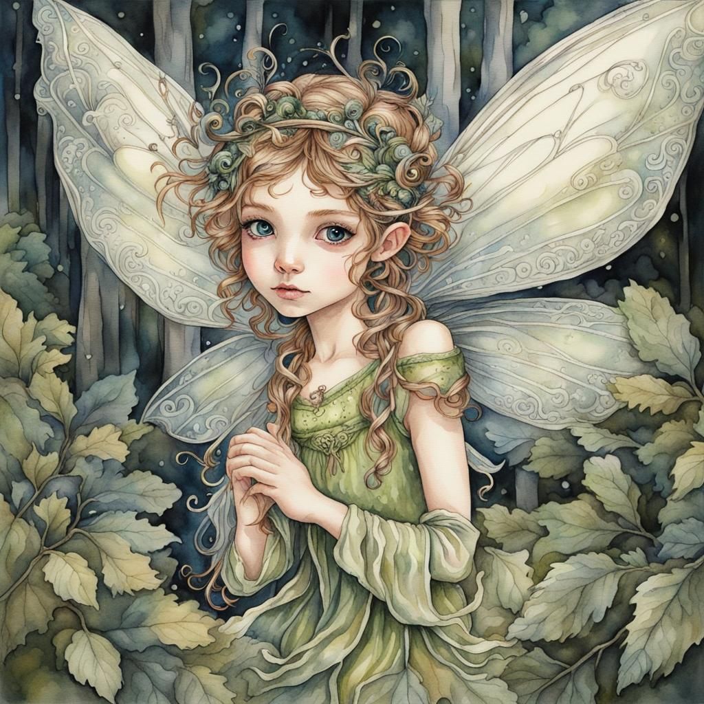 Watercolor and satin ink, an adorable cute young Fairy, with expressive ...