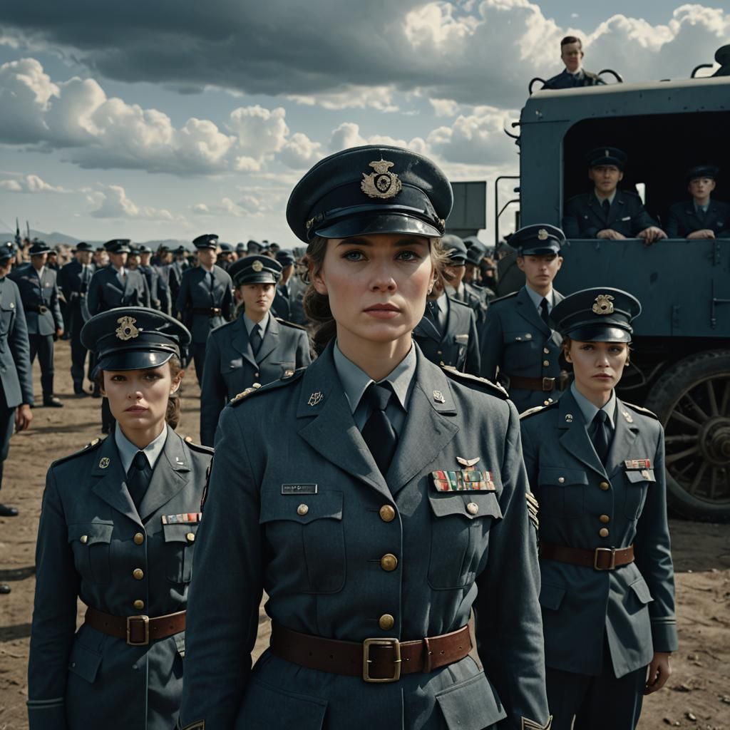female officer, standing in front of recruits, ready to command them. It's cloudy, no sun. All are serious, ...  by @Aase